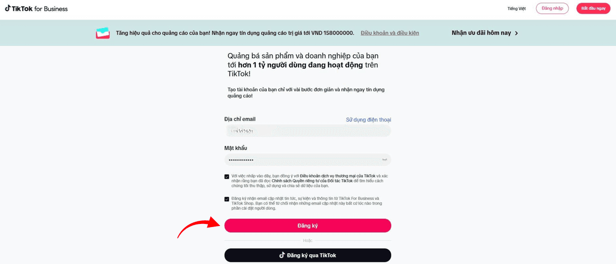 Bước 2 đăng ký TikTok Ads — Điền thông tin