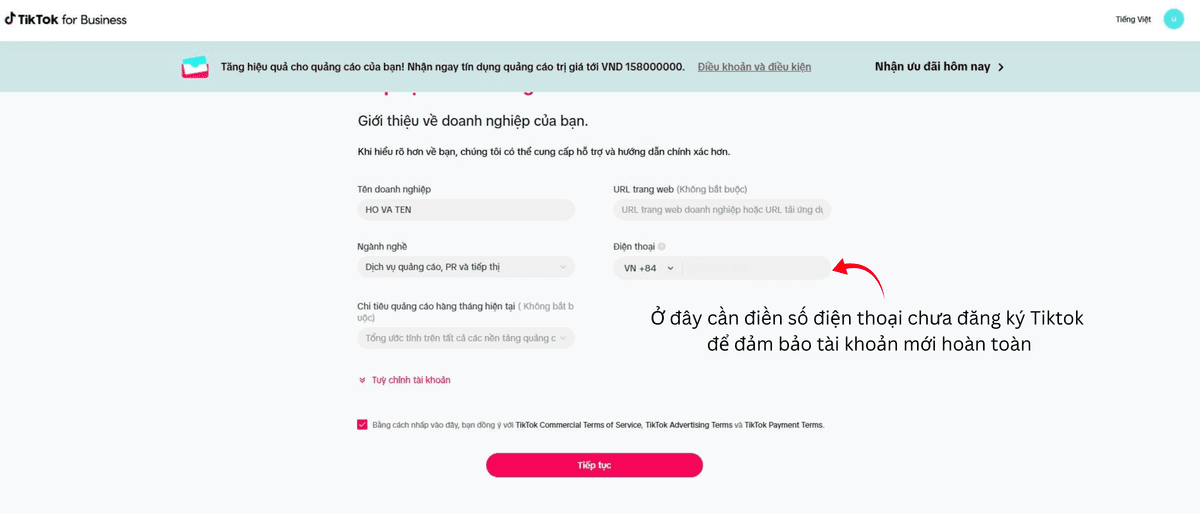 Bước 3 đăng ký TikTok Ads — Cung cấp thông tin bổ sung